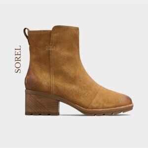 SOREL the "FAV BLOCK HEEL "CATE" Waterproof Leather Suede Tan Ankle Boots
